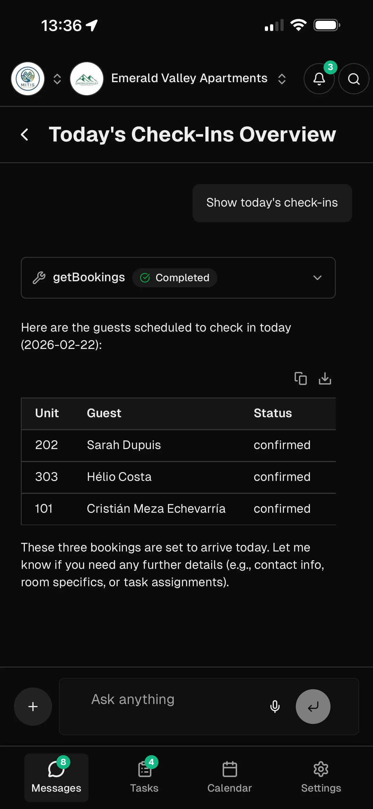 Il copilota IA di Vidimo risponde con dati live sulle prenotazioni